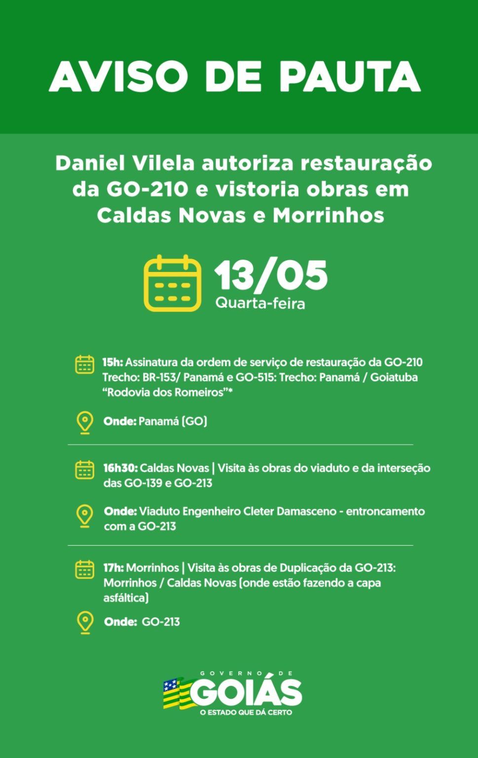 Agenda do governador para tarde desta quarta-feira